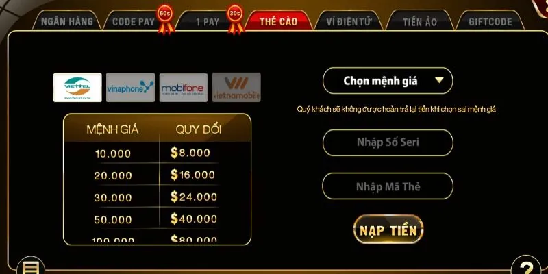 Click chọn phương thức phù hợp để nạp vốn